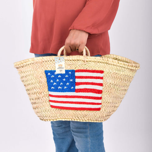 Handcrafted Woven Straw Bag with US Flag – Stylish & Patriotic Tote