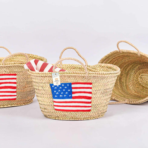 Handcrafted Woven Straw Bag with US Flag – Stylish & Patriotic Tote