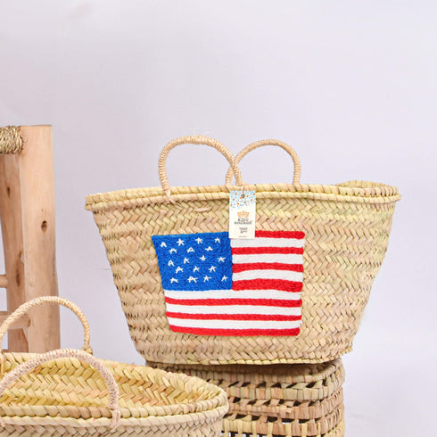 Handcrafted Woven Straw Bag with US Flag – Stylish & Patriotic Tote