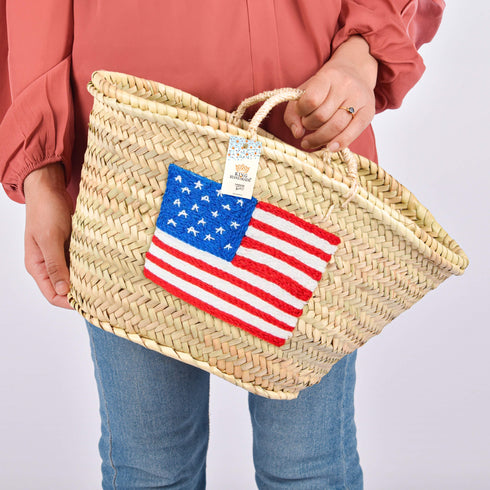 Handcrafted Woven Straw Bag with US Flag – Stylish & Patriotic Tote