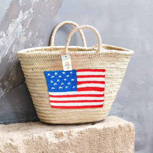 Handcrafted Woven Straw Bag with US Flag – Stylish & Patriotic Tote