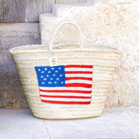Handcrafted Woven Straw Bag with US Flag – Stylish & Patriotic Tote