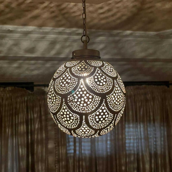 Filigree Moroccan Pendant Light – Brass Openwork Lamp Living Room