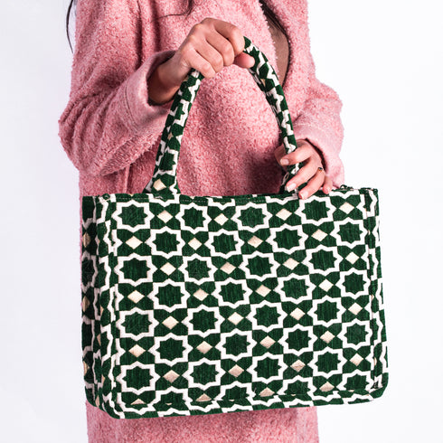 Emerald Moroccan Brocade Shoulder Bag - Authentic Linen Tote 🌿