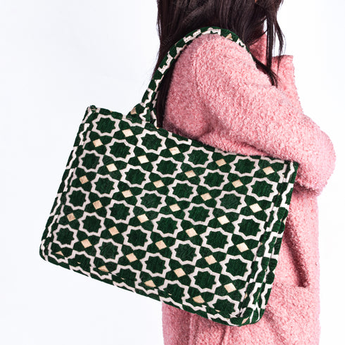 Emerald Moroccan Brocade Shoulder Bag - Authentic Linen Tote 🌿