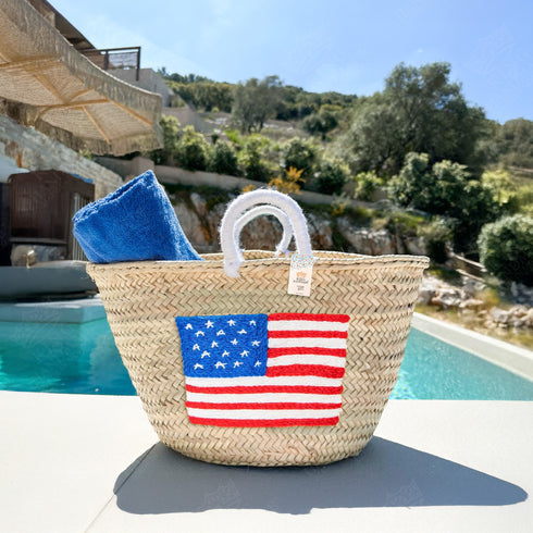 USA Embroidered Flag Basket – Patriotic 4th of July Gift or Beach Vacation Tote (White, Blue & Red)