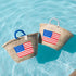 USA Embroidered Flag Basket – Patriotic 4th of July Gift or Beach Vacation Tote (White, Blue & Red)