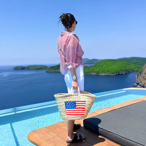 USA Embroidered Flag Basket – Patriotic 4th of July Gift or Beach Vacation Tote (White, Blue & Red)