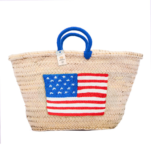 USA Embroidered Flag Basket – Patriotic 4th of July Gift or Beach Vacation Tote (White, Blue & Red)