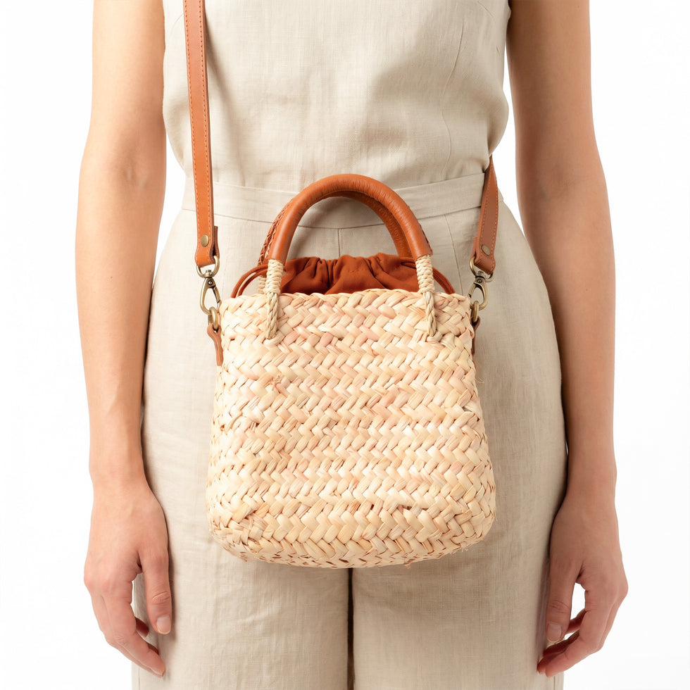 Mini Straw Crossbody – Moroccan Bucket Bag, Leather Handle