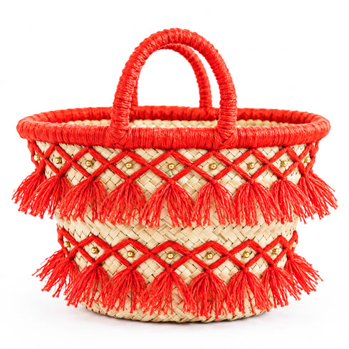 Moroccan Fall Straw Basket with Tassels, Halloween & Thanksgiving