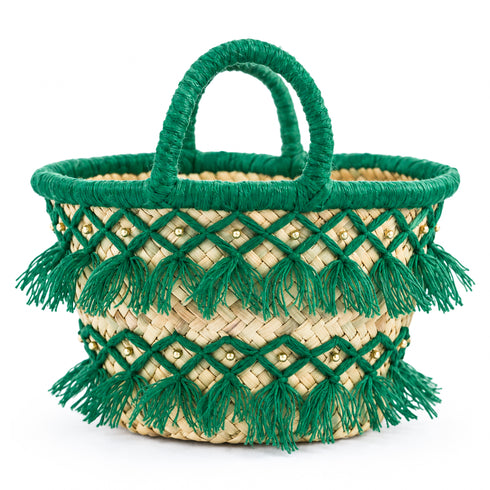 Handmade Moroccan deep green tassel straw basket with gold beads, wrapped handles and natural woven straw, front view