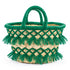 Handmade Moroccan deep green tassel straw basket with gold beads, wrapped handles and natural woven straw, front view