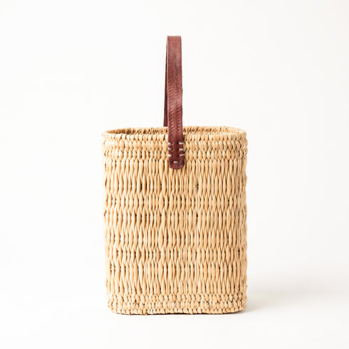 Reed Wicker Bottle Basket – Rectangle Picnic Glass Bottle Carrier with Leather Handle