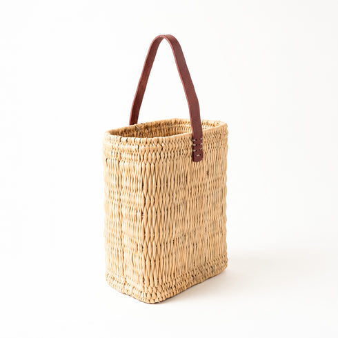 Reed Wicker Bottle Basket – Rectangle Picnic Glass Bottle Carrier with Leather Handle