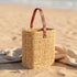 Reed Wicker Bottle Basket – Rectangle Picnic Glass Bottle Carrier with Leather Handle