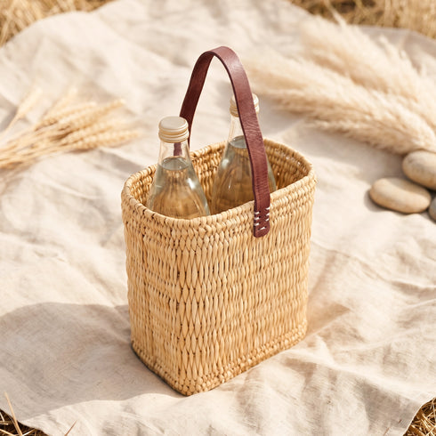 Reed Wicker Bottle Basket – Rectangle Picnic Glass Bottle Carrier with Leather Handle