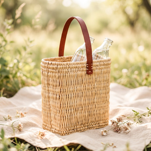 Reed Wicker Bottle Basket – Rectangle Picnic Glass Bottle Carrier with Leather Handle