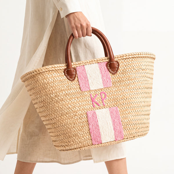 Personalized Straw Beach Bag – Pink Monogram Leather Handle