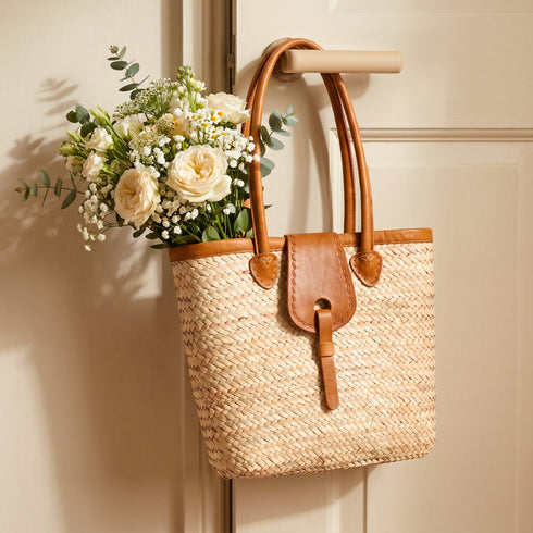 Moroccan Leather Handle Handbag - Handwoven Straw Tote Bag | Mother's Day Gift
