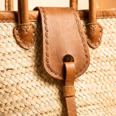 Natural woven Moroccan handbag with premium leather handles perfect for beach vacations and picnics 2