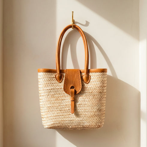 Natural woven Moroccan handbag with premium leather handles perfect for beach vacations and picnics 4