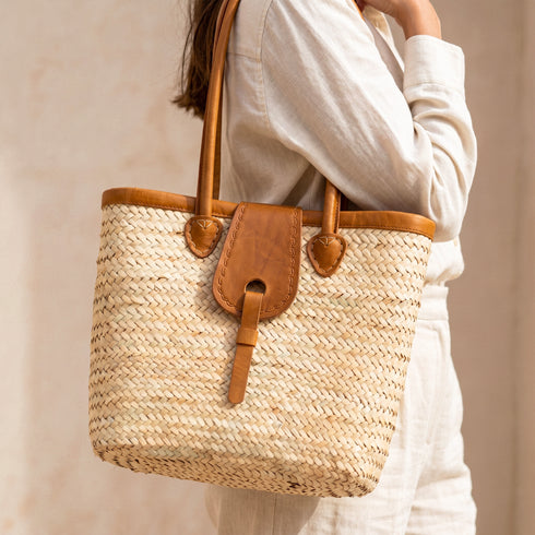 Natural woven Moroccan handbag with premium leather handles perfect for beach vacations and picnics 3