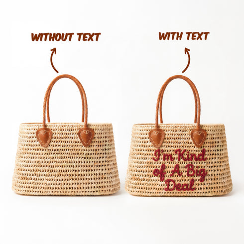Moroccan wicker handbag with I’m Kind of A Big Deal embroidery in bordeaux 4