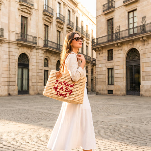 Moroccan wicker handbag with I’m Kind of A Big Deal embroidery in bordeaux 3