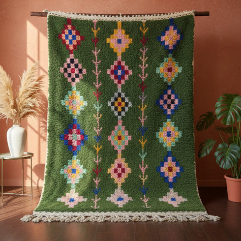 Handmade Green Rug - Colorful Geometric Carpet