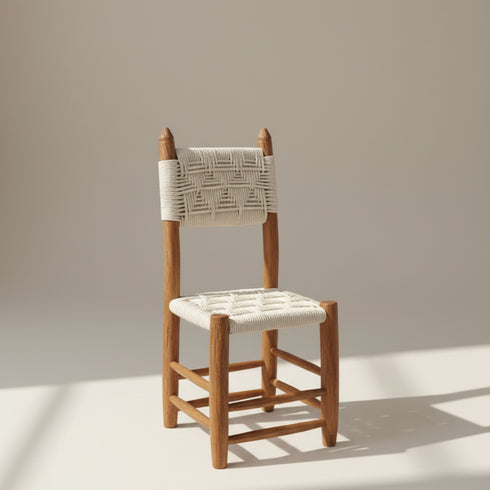 Moroccan Bar Stool with White Cord Handmade Brown Wood Boho Stool