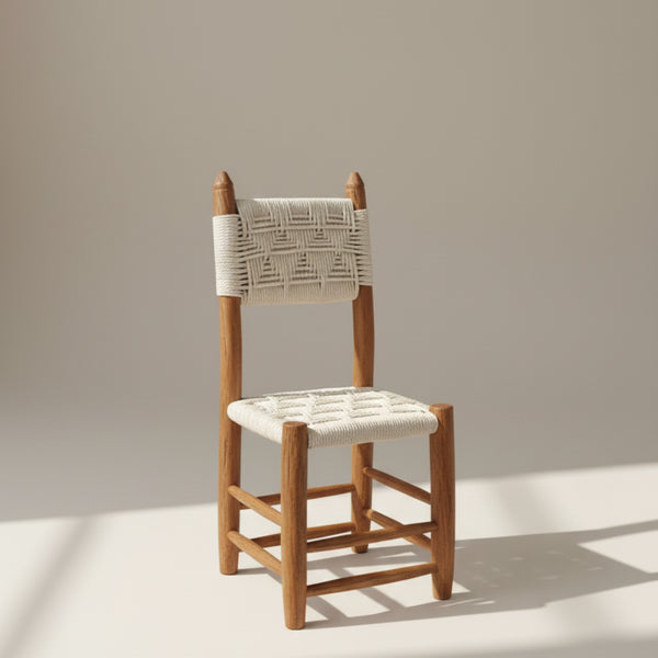 Moroccan Bar Stool with White Cord Handmade Brown Wood Boho Stool