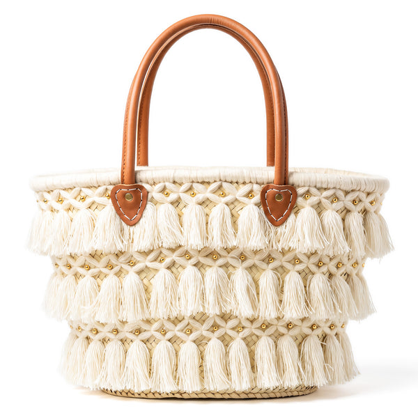 Moroccan Straw Beach Bag – Beige Tassel Tote with Leather Handles