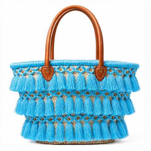 Moroccan Straw Beach Bag – Beige Tassel Tote with Leather Handles