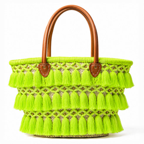 Moroccan Straw Beach Bag – Beige Tassel Tote with Leather Handles