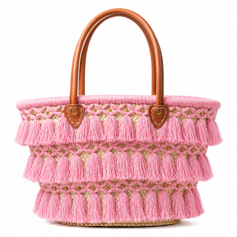 Moroccan Straw Beach Bag – Beige Tassel Tote with Leather Handles
