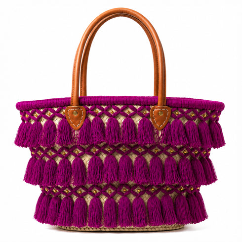 Moroccan Straw Beach Bag – Beige Tassel Tote with Leather Handles