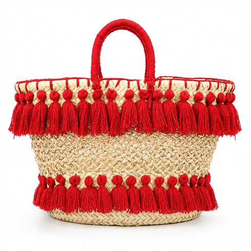 Handmade Straw Beach Bag – Black Tassel Tote, Openwork