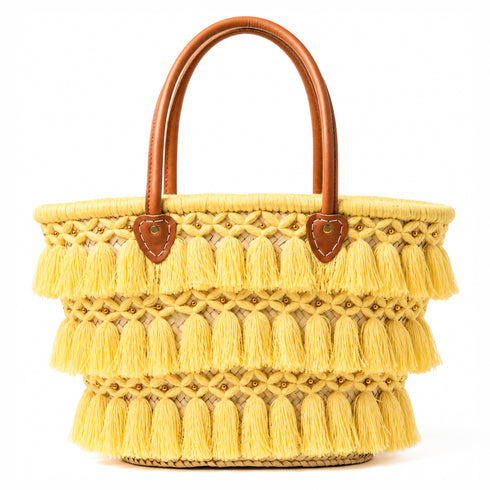 Moroccan Straw Beach Bag – Beige Tassel Tote with Leather Handles