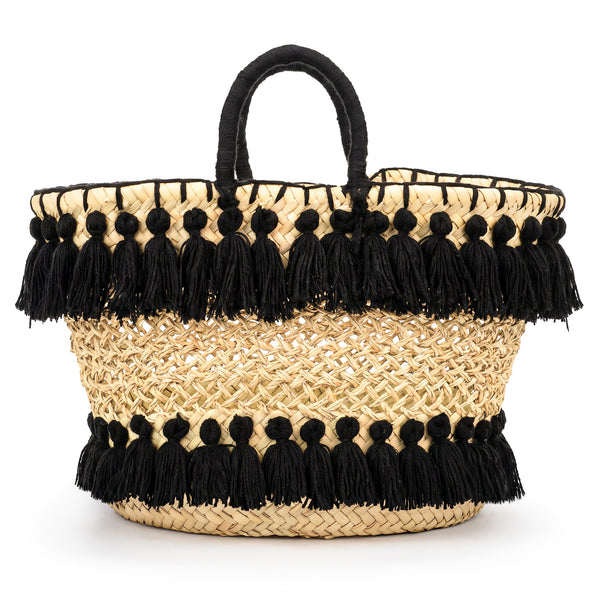 Handmade Straw Beach Bag – Black Tassel Tote, Openwork