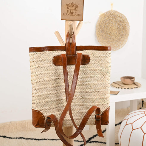 Handmade Straw Backpack Basket with Leather Handles