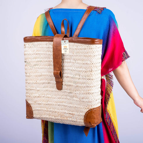 Handmade Straw Backpack Basket with Leather Handles
