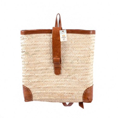 Handmade Straw Backpack Basket with Leather Handles