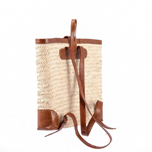 Handmade Straw Backpack Basket with Leather Handles