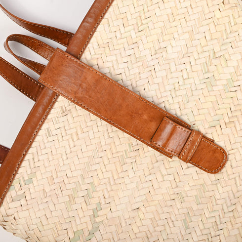 Handmade Straw Backpack Basket with Leather Handles