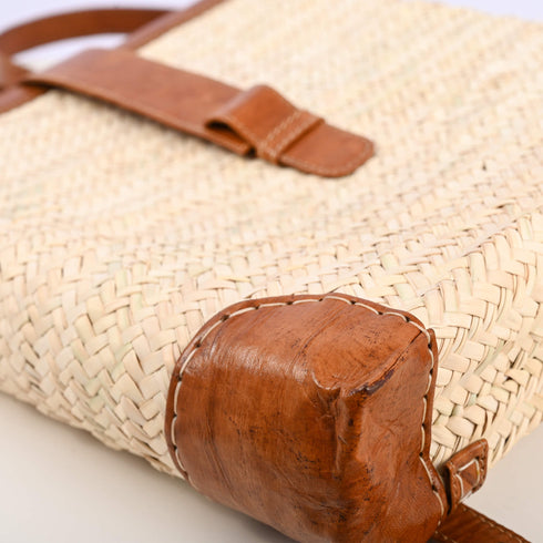 Handmade Straw Backpack Basket with Leather Handles