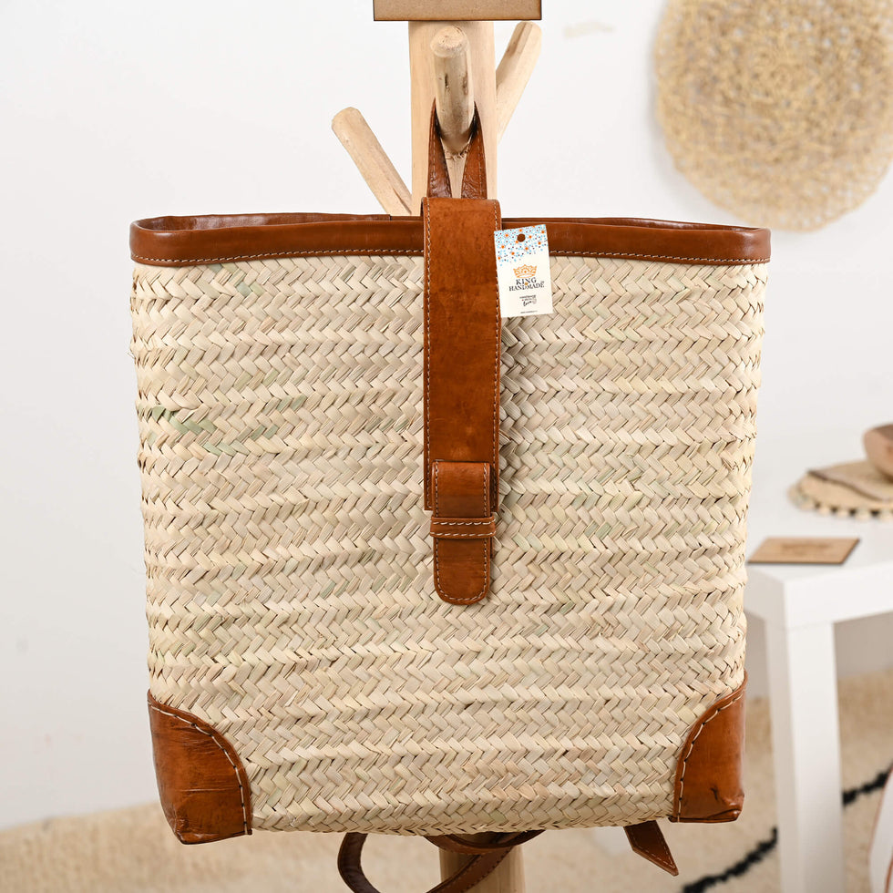 Straw Backpack Basket – Moroccan Tote, Leather Corners
