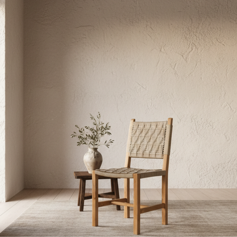 Moroccan Bar stool - Walnut wood with warm beige Fabric seat