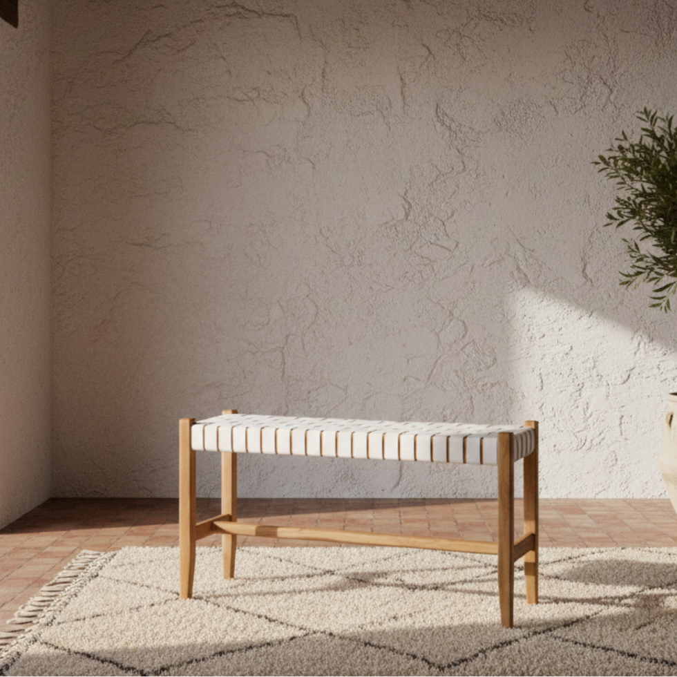 White Moroccan Bench – Woven Leather Boho Seat