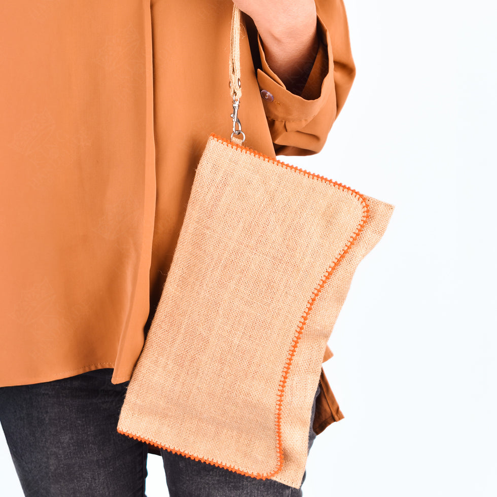 Jute Clutch Bag – Orange-Trim Moroccan Envelope Wristlet